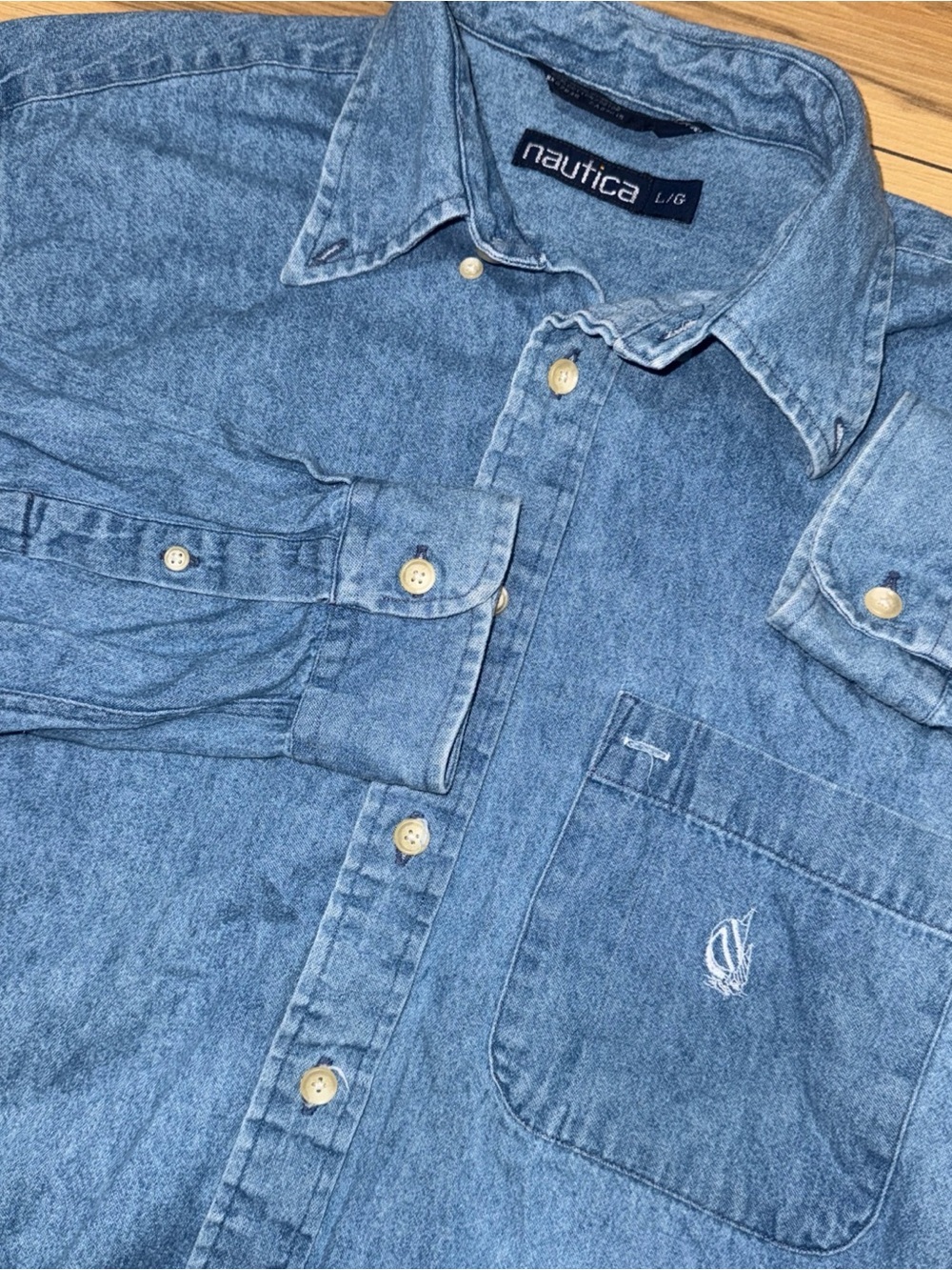 y2k skate Nautica Denim Shirt Men's Large Blue Button Up 90s Jean Preppy Hip Hop